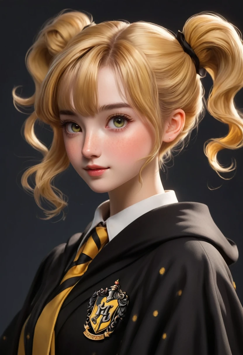 best quality, Masterpiece, Hogwarts students, Hufflepuff,Short hair with high twin tails, Short hair with golden blonde twin tails., Beaming, misbehave, freckles, Detailed eyes, detailed face, Beautiful skin,