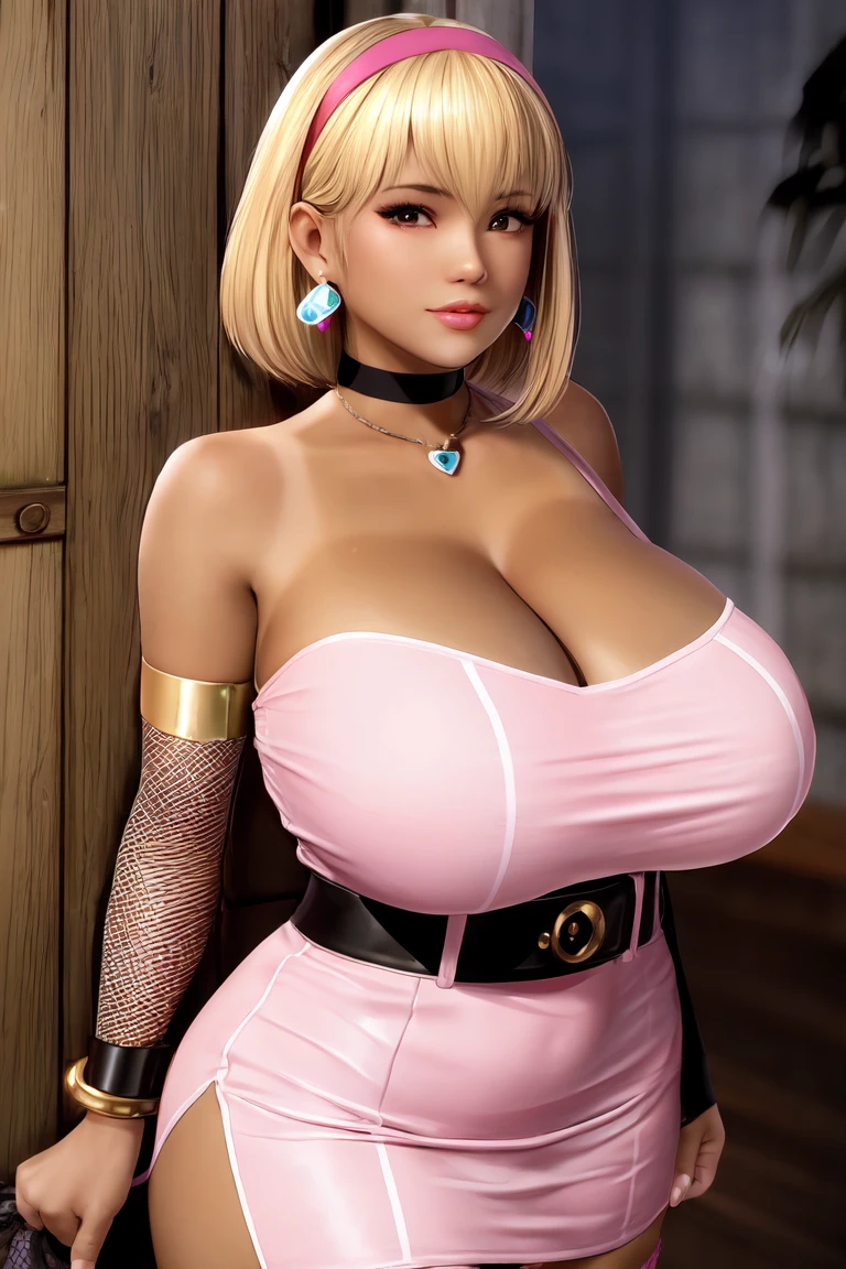 (1girl), mature female, gigantic breast, (huge breasts:1.2), cleavage, navel, (thick thighs), wide hips, (tan), very dark skin, 
hitomi, short hair, headband, long eyelashes, makeup, (blonde hair:1.2), 
tight, skin tight, heavy breathing, open clothes, waist cutout, bodycon, microdress, (pink dress), cleavage, thighs, pink latex, shiny clothes, fishnet thighhighs, looking at viewer,  bare shoulders, elbow gloves, belt choker, bracelet, earrings, jewelry, golden chain, heart shape, oily skin,