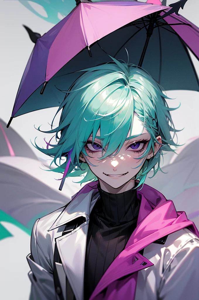 Pale skin, light blue hair, green streaks in hair, pink streaks in hair, purple streaks in hair, black eyes, birthmark on right eye, cute, pretty, umbrella, short hair, messy hair, smirking, smug, pretty, beautiful, white jacket, black turtleneck, male, evil, demonic