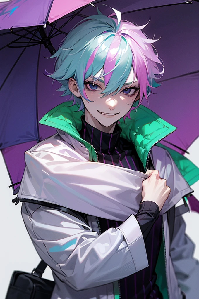 Pale skin, light blue hair, green streaks in hair, pink streaks in hair, purple streaks in hair, black eyes, birthmark on right eye, cute, pretty, umbrella, short hair, messy hair, smirking, smug, pretty, beautiful, white jacket, black turtleneck, male, evil, demonic