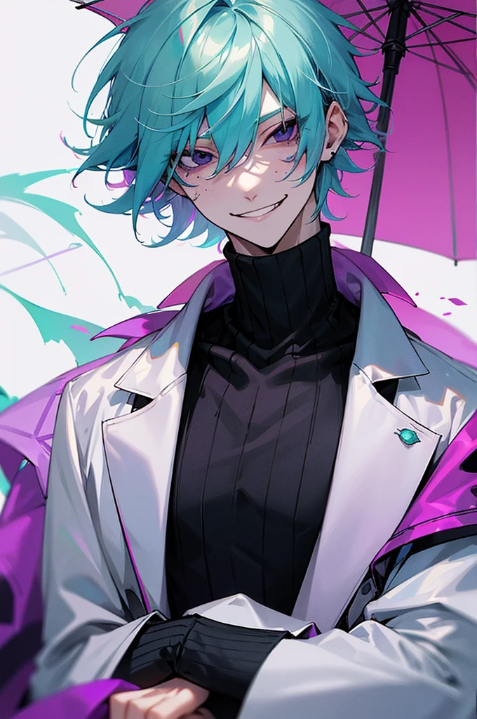 Pale skin, light blue hair, green streaks in hair, pink streaks in hair, purple streaks in hair, black eyes, birthmark on right eye, cute, pretty, umbrella, short hair, messy hair, smirking, smug, pretty, beautiful, white jacket, black turtleneck, male, evil, demonic