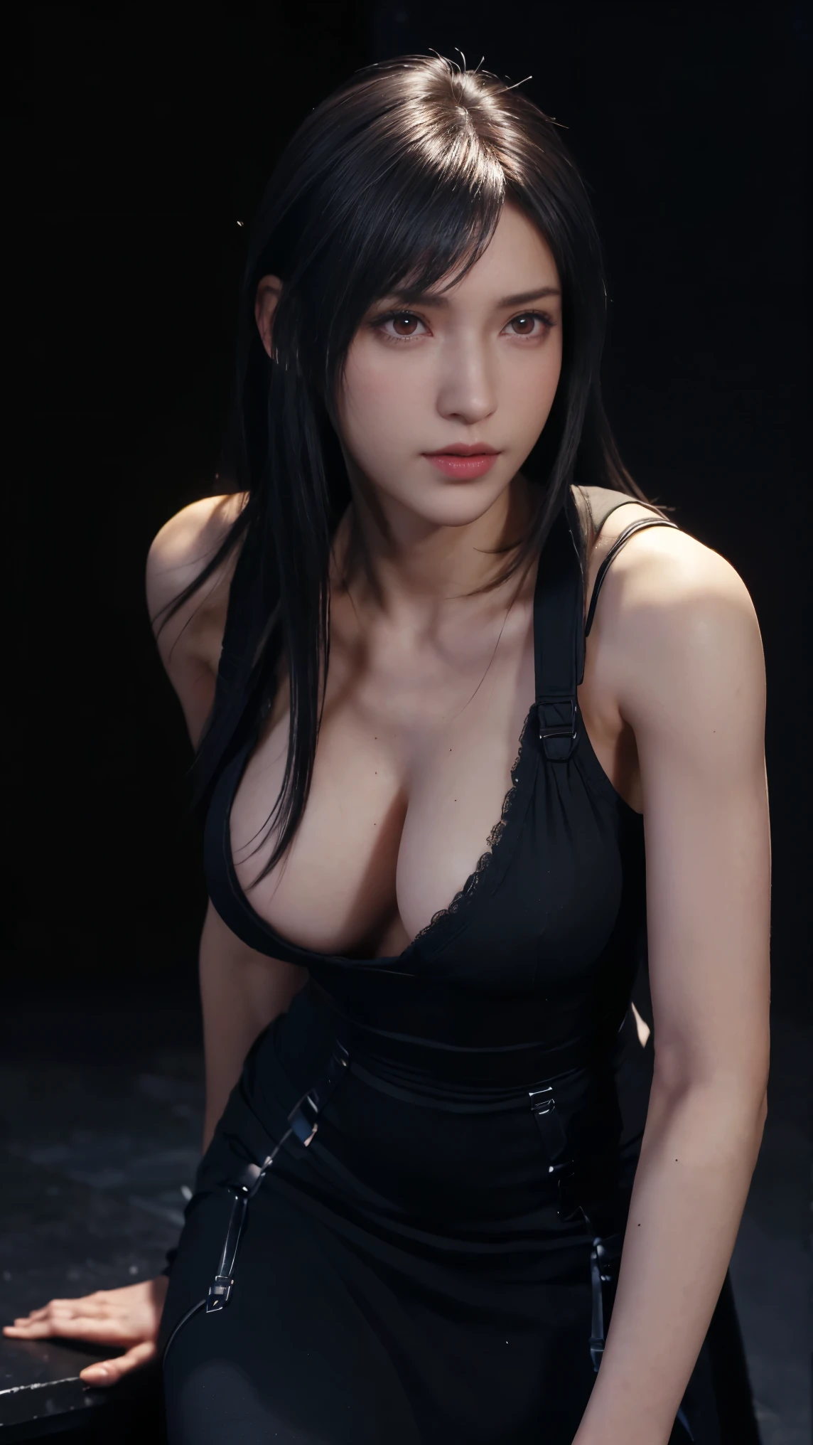 8K, Top Quality, Intricate Details, Ultra Detail, Ultra High Resolution, Masterpiece, close up shot, (full body: 1.1), Slender, Smile, (Makeup: 0.4), (), (Fluffy Eyes: 1.21), ((bangs)), 1girl, solo, 1 girl, (((red eyes, black hair, bangs, long hair)), ((Tifa,Tifa・lockhart,Final Fantasy 7,FF7,l)), close up shot, , ((tall)), (((fit body))), (((slim face))), sharp face, ((maxi dress)) , (detailed face), sharp face, small lips, ( bartender ),
((, )), , ((,)), detailed face, detailed breast, large breast, huge breast, (( )), detail ass, Narrow Waist, Skinny, tall , 175 cm tall, Muscular, Navel, Exposed Abdomen, Pointed Chest,, Beautiful girl with accentuated slender abs: 1.4, Six Pack Abs: 1.4,, Perfect Body, detail leg, (( dark background)), black background,