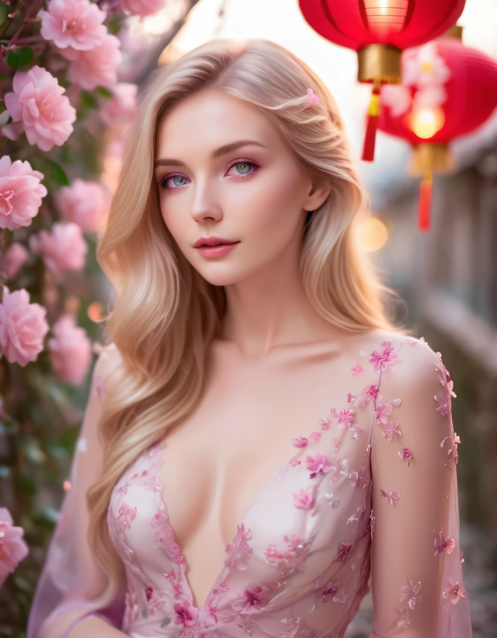 a beautiful woman with long, flowing blonde hair adorned with a pink flower. She has captivating purple eyes and a small decorative marking on her forehead. She is wearing a revealing, backless silk dress with floral embroidery and delicate sheer sleeves. Her dress is white with pink flower designs and a cut-out on the lower back. The woman is standing in a festive night setting with strings of red lanterns hanging above her, casting a warm, soft light. Pink petals are gently falling around her, and there is a dreamy, magical atmosphere with bokeh lights in the background. The scene exudes elegance and sensuality, with a focus on the woman's confident and alluring pose.