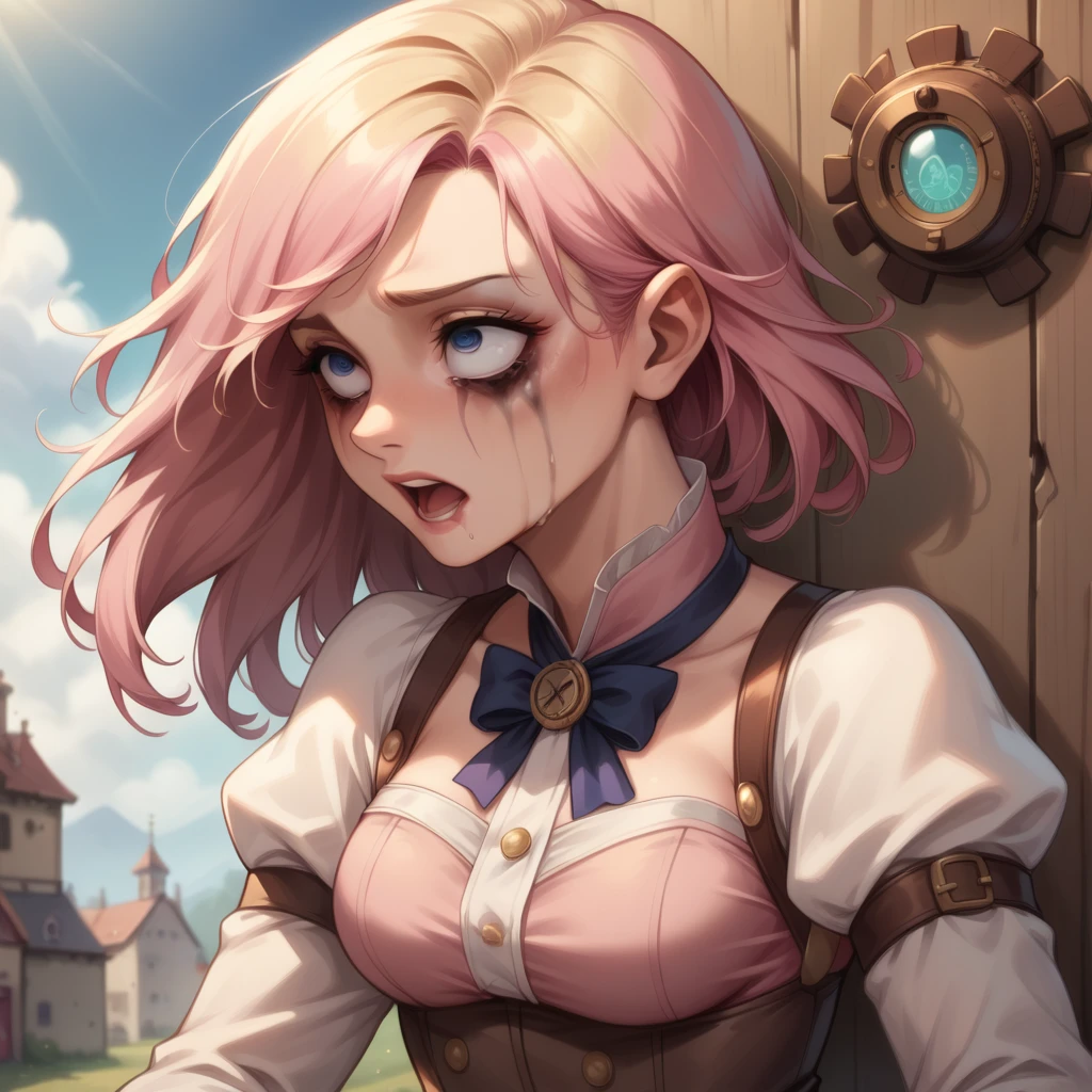 best quality, masterpiece, upper body, woman, blonde hair blown in the wind, shining eyes, steampunk nude style, thin clothes, pink clothes, pink hair, facial cum