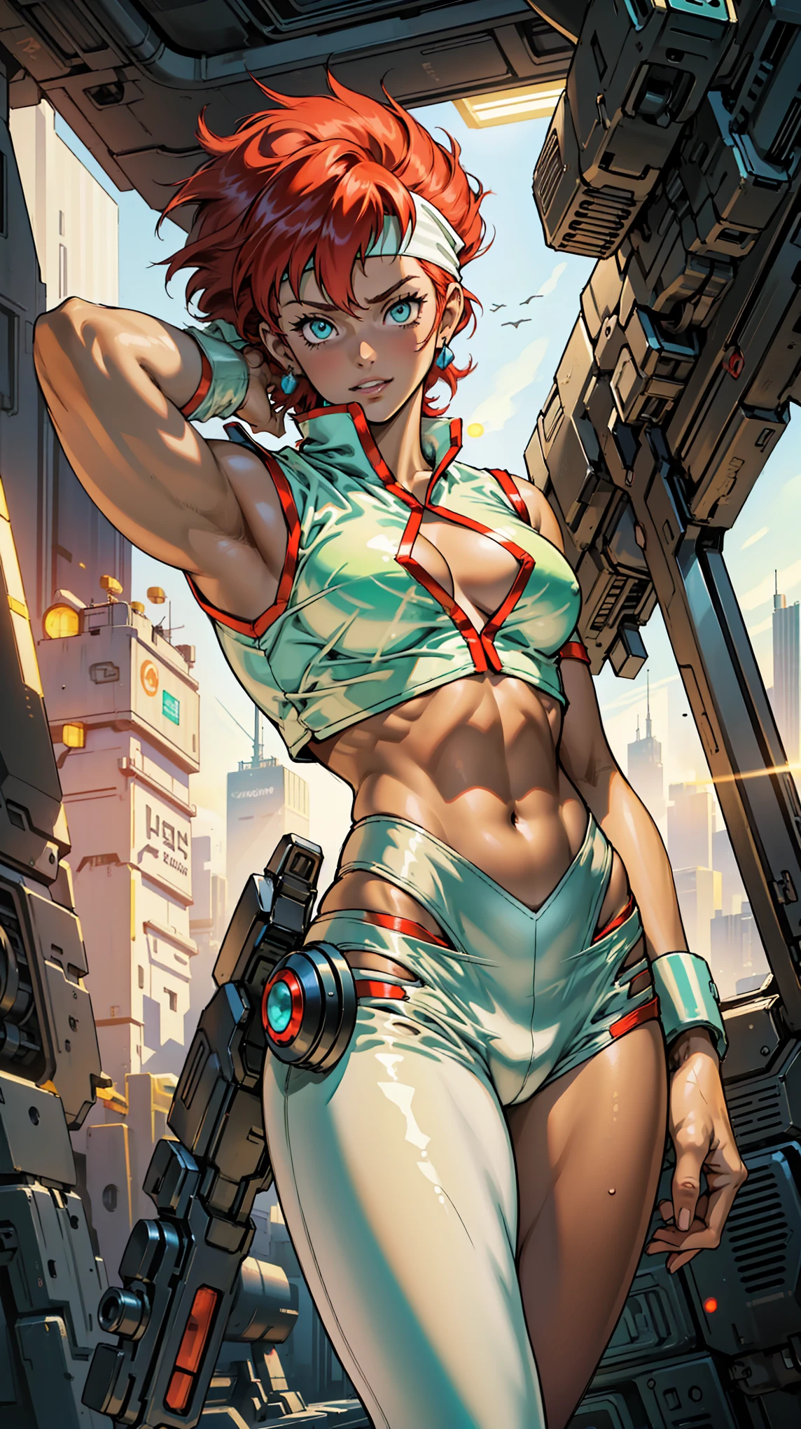 (((back view))), (((perfect abounds))), ((best qualityer)), (((clothes 100% baby blue))), (((slim))), (Muscles),  (((Red suit))), ((Perfect masterpiece)), (detailded: 1.4), (absurdrez), (((red long curly hair))), (((full body fitness, neckline showing part of the breasts)), (((short hair woman, blushful))), 21 year old woman, beautiful sexy woman, giant robot pilot, wild with perfect corpo fitness, wearing small mecha battle armor clothes, tiny thong, Simon Bisley styled for the cover of Heavy Metal magazine, clothing with Japanese cyberpunk graphic patterns, Halftone pattern and vertical stripes, earth tone, exiting the body of a giant robot