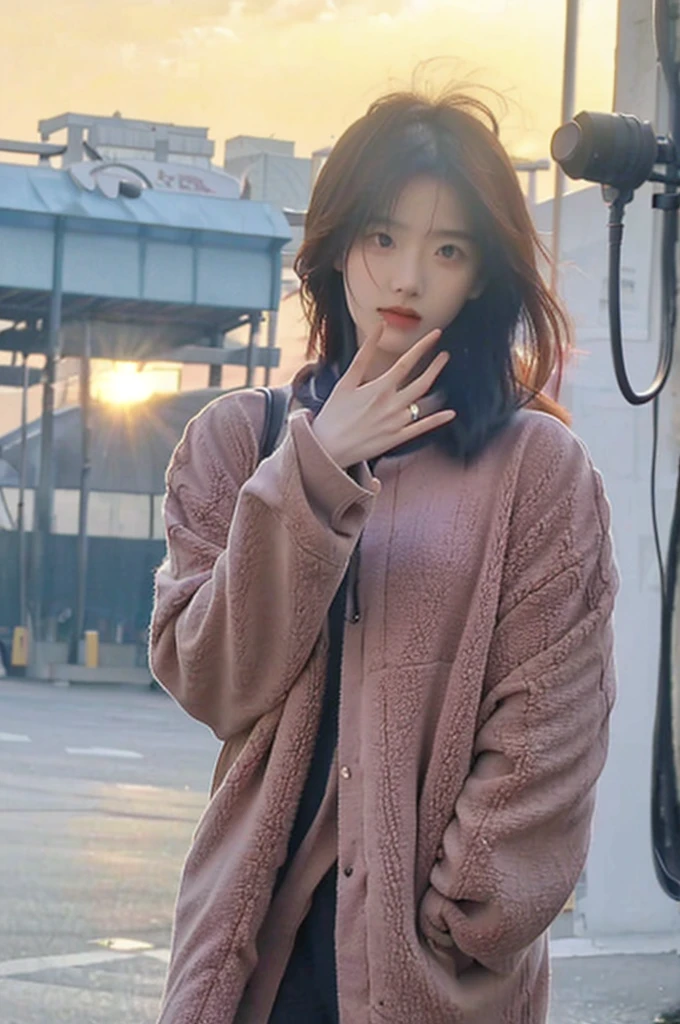(Cinematic Aesthetic:1.4) Photo of a beautiful korean fashion model,cold filter,nice background, setting sun, rainbow and beautiful hairs