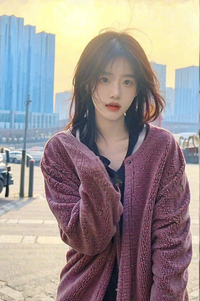 (Cinematic Aesthetic:1.4) Photo of a beautiful korean fashion model,cold filter,nice background, setting sun, rainbow and beautiful hairs
