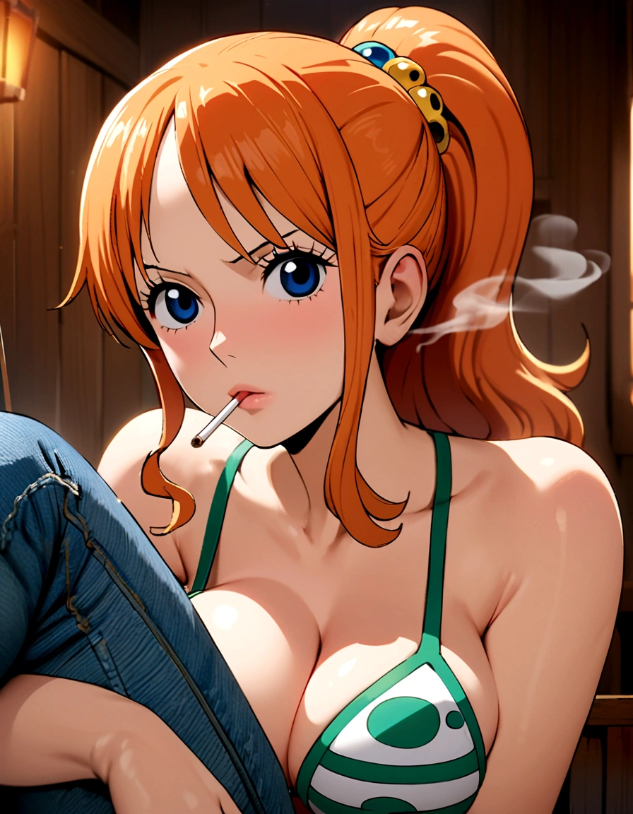 a cartoon picture of a woman in a bikini top and jeans, nami one piece, nami from one piece, nami, beautiful portrait of nami, from one piece, oppai, blue eyes, smoking, ponytail