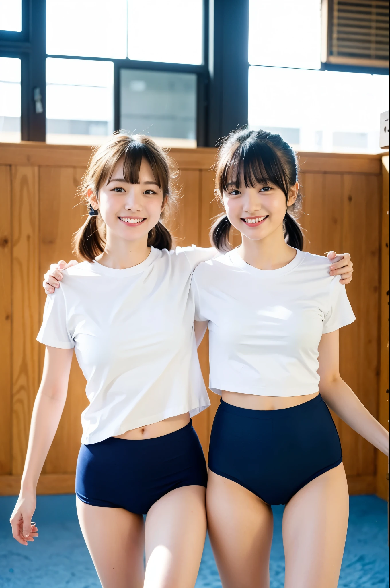 2 girls in school yard,white plain school gym shirt with navy blue trim,navy blue speedo briefs,18-year-old,bangs,a little smile,thighs,knees,short cut hair,low ponytail,from below,front-lighting