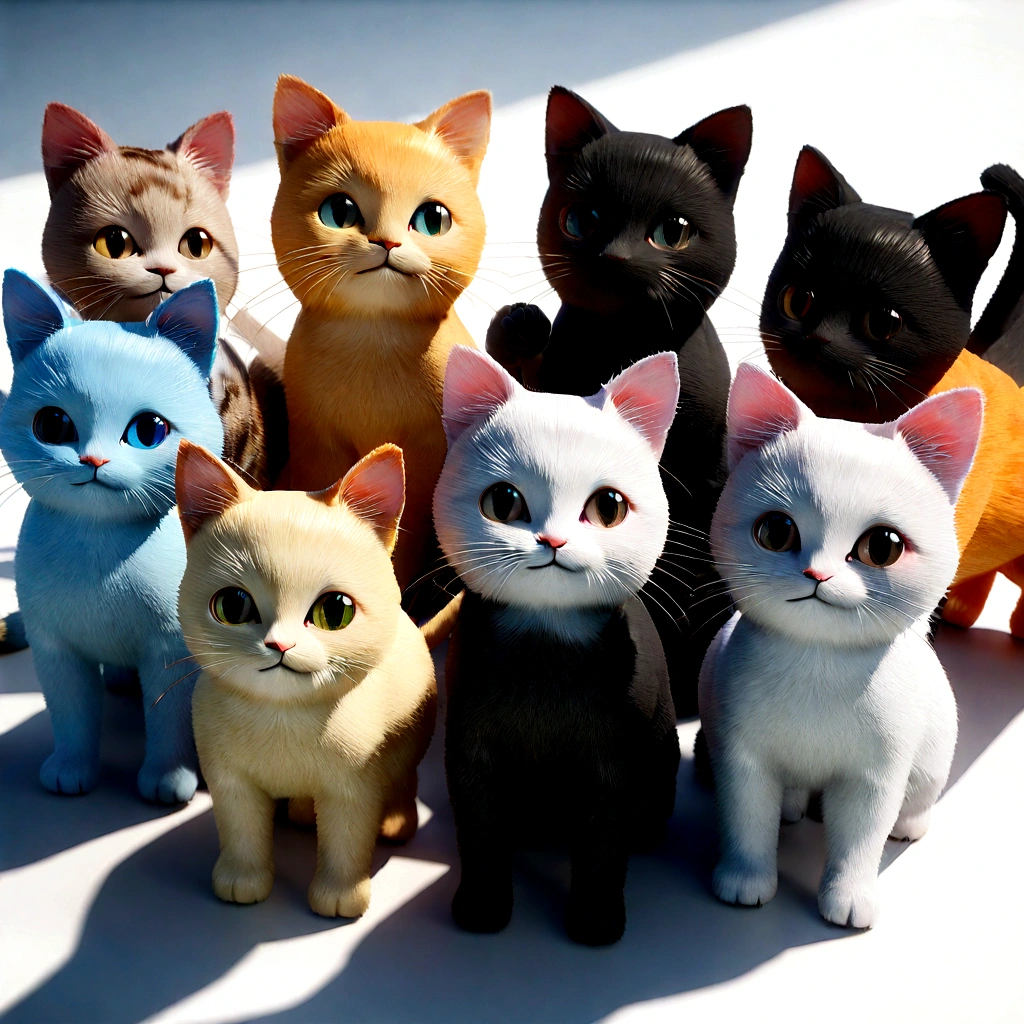 Several cute kittens of different colors are lined up, Each kitten has small paws, As if beckoning wealth, Adorable digital art, Cute cat, cute cat, Cute cartoon characters, Detailed digital art, cute catの写真, Intricate details, 3D Rendering, Blender, OC Renderer, Attention to detail, 8K, Studio Lighting