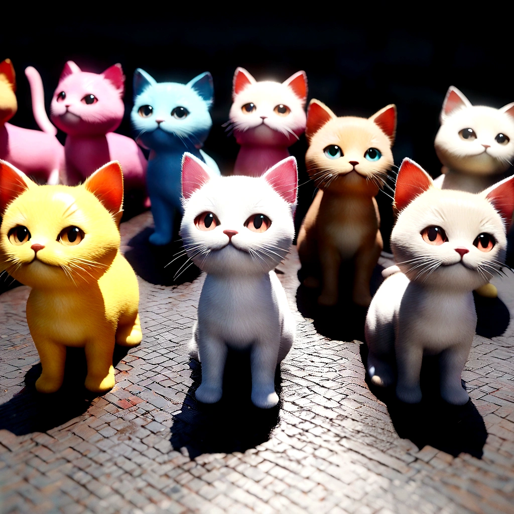 Several cute kittens of different colors are lined up, Each kitten has small paws, As if beckoning wealth, Adorable digital art, Cute cat, cute cat, Cute cartoon characters, Detailed digital art, cute catの写真, Intricate details, 3D Rendering, Blender, OC Renderer, Attention to detail, 8K, Studio Lighting