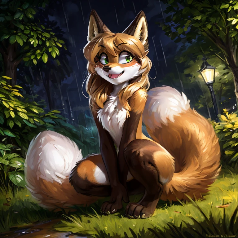 uploaded to E621, by Kenket, by Ross Tran, by Michael & Inessa Garmash, by Pino Daeni, by Kiguri, by Alena Aenami, by Ruan Jia, A solo vixen squatting looking in the air ((female) (anthro) ([foxl])), beautiful and detailed portrait of an anthropomorphic vixen ((female)), anthro fox girl, body fur, flat chest, chest fluff, body fur, curvy, sexy, nice, cute, hot, sassy, sassy hips, (Averi, Fox girl), hi res, photorealism, soft shading, (detailed fur: 1.1), happy looking, (legs), (solo: 1.1), tail raised, ((beautiful) eyes: 1.1), (detailed eyes: 1.1), (detailed), (masterpiece: 1.2), (athletic), good anatomy, detailed face, speech bubble, heart, hearts, seductive pose, sexy pose, night, rain, wet fur, in a park, tree
