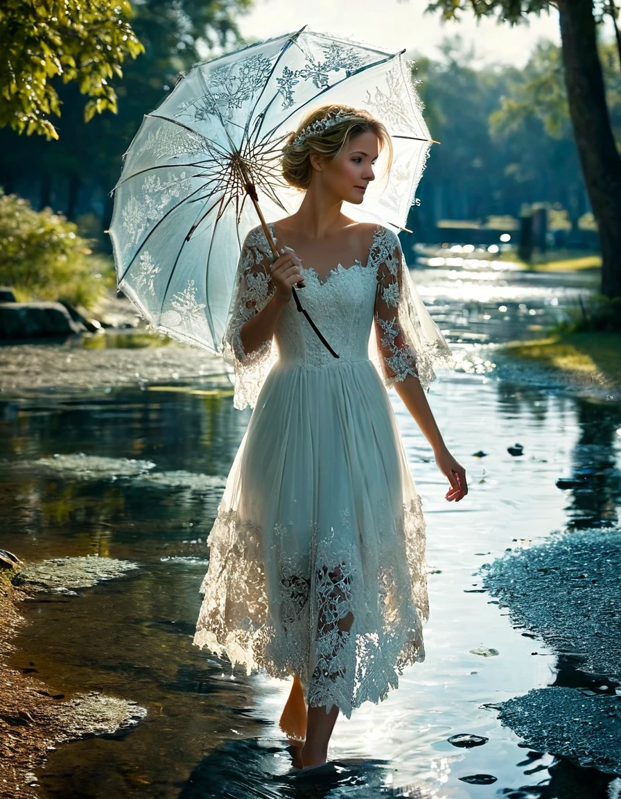 A huge parasol in finely carved and openwork frozen water lace offers shade to a sublime happy and radiant woman walking in a park