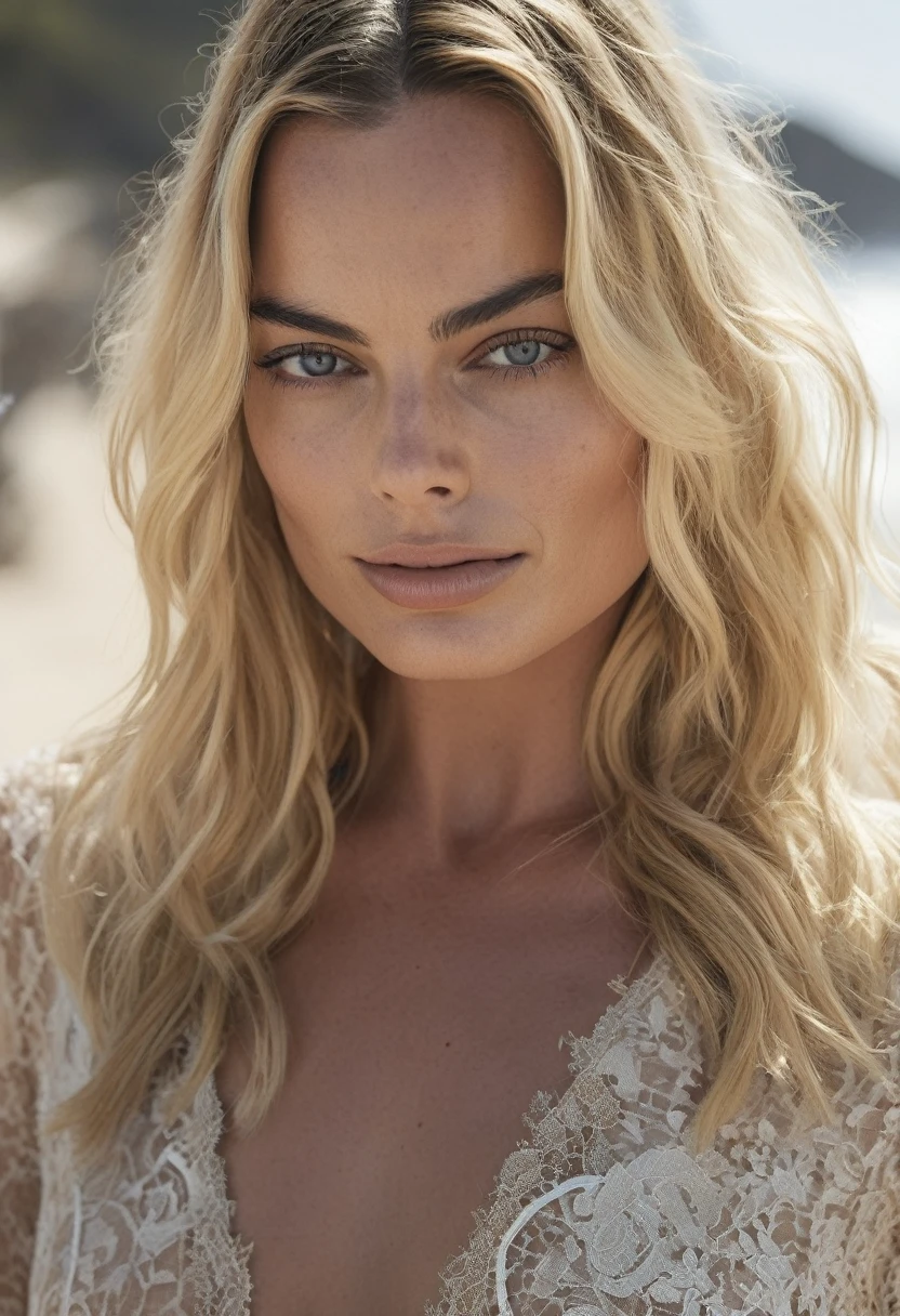  high quality  Erotic celebrity photograph , ( Margot Robbie , photorealistic, celebrity , actress , woman   )  , nude,  extremely long  hair ,tall figure , fit muscular figure , exhausted look, warm, sunny, shiny sweaty skin, on beach, celebrity, female,  woman, hollywood actress,  fleshy muscular lady  , ( natural lights, depth of field, detailed face ,insanely detailed skin texture, hyper detailed features )