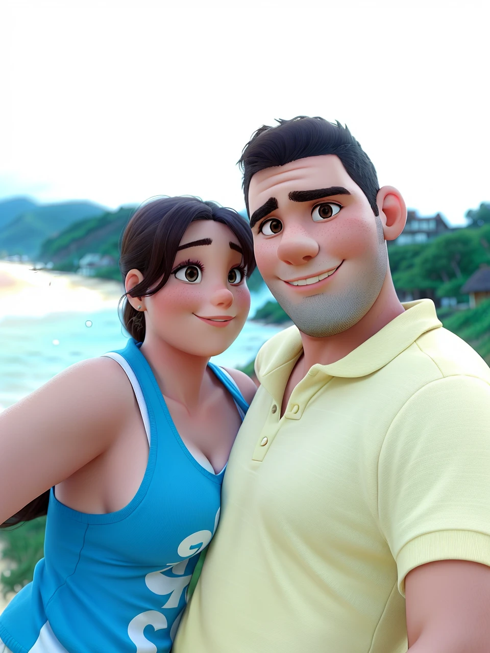 Romantic couple on the beach, man with round face, woman with small breasts