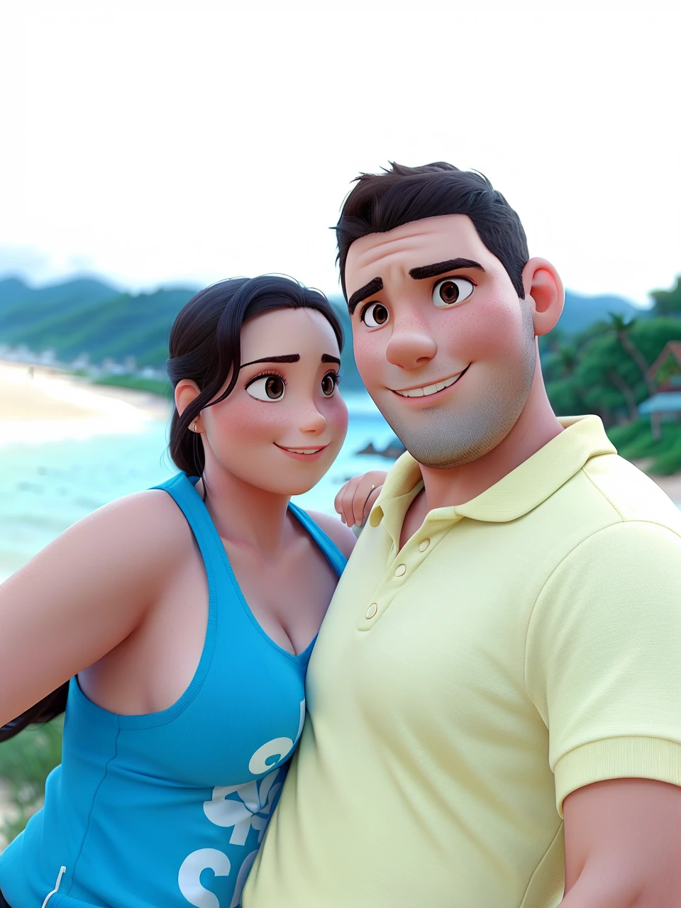 Romantic couple on the beach, man with round face, woman with small breasts