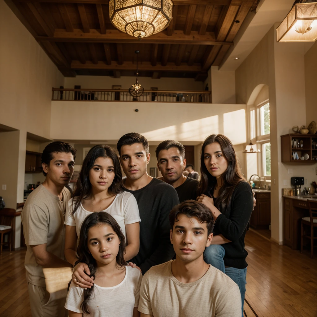 Young girl, black curly hair, in a beautiful much house, indoor, with her family members, father, mother, 2 brothers, with natural lighting, family photo,