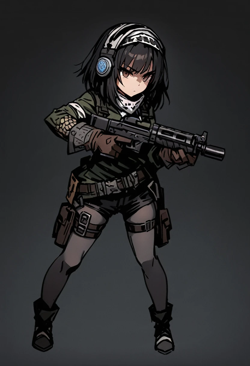 (masterpiece, best quality, high quality, highres, ultra-detailed), 1girl, muslim, brown eyes, full body, gloves, black hair, serious, stoic, headset, holster, kochiy sanae, solo, suppressor, thigh holster, thigh strap, trigger discipline, weapon, medium hair, matching grey pantyhose, black shorts, tights. Holding dual pistols in his detailed hands,