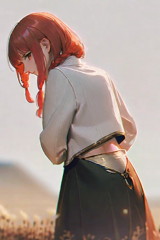 ((Лучшее качество)), ((шедевр)), (подробный), Makima , torn clothes , rear view
