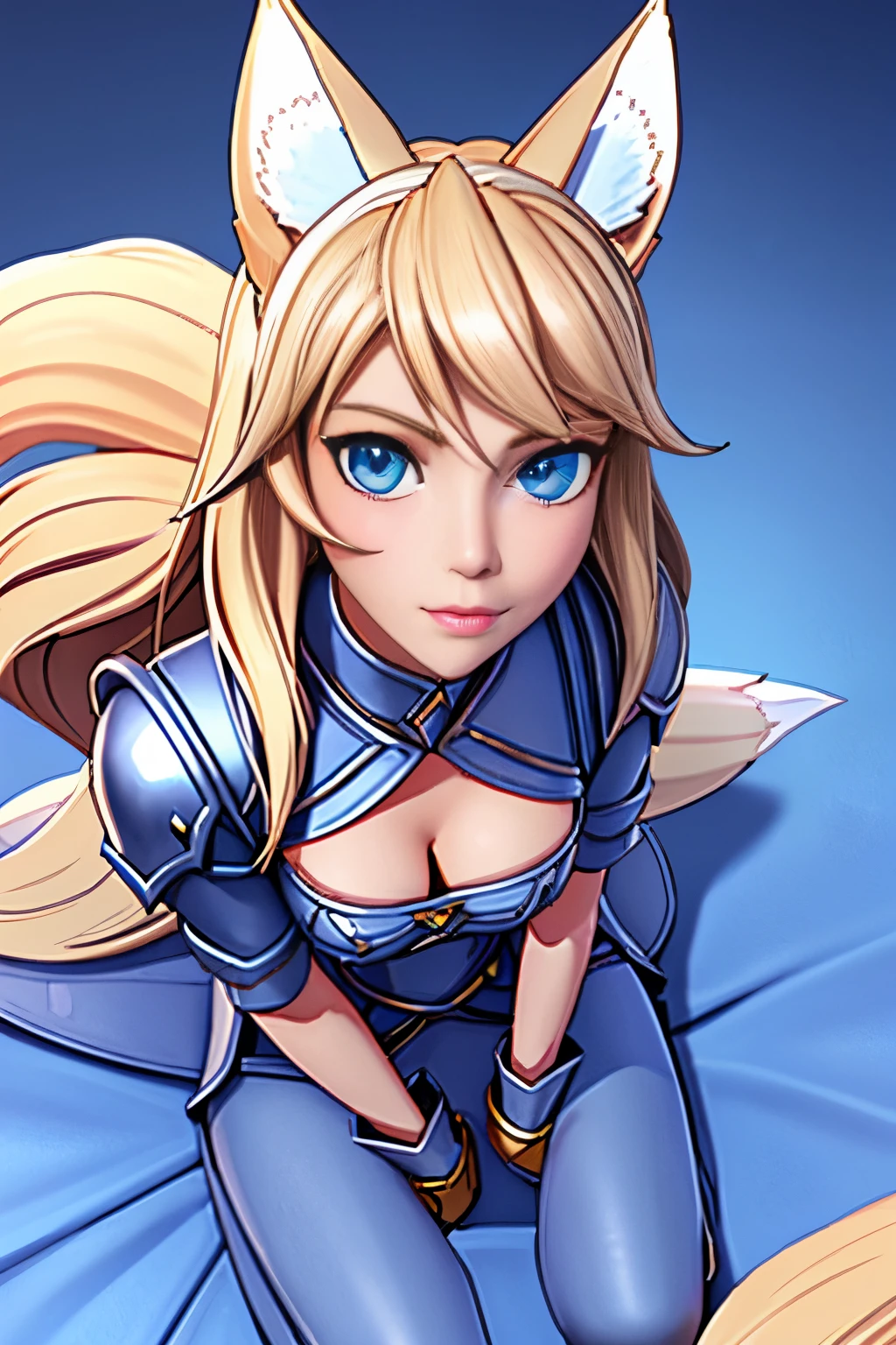 Beautiful 1girl, full body, teenager, solo, (very long waist length blonde hair, straight blonde hair: 1.28), ((light blue eyes)), clear skin, (large darker fox ears: 1.35), pale skin, medium breasts, cleavage, (thin hips, thin waist , athletic body: 1.25),  background, looking away, ((wearing leather Warcraft leather armor, leather warrior skirt: 1.1), looking at viewer, (sitting, looking up at viewer: 1.22),), on castle rooftop, masterpiece, best quality,3d rending work ,3DMM style, close-up, portrait, 3D,