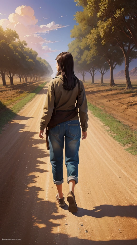 a painting of a person walking down a dirt road, a matte painting by RHADS, cgsociety, fantasy art, anime aesthetic, anime, wallpaper