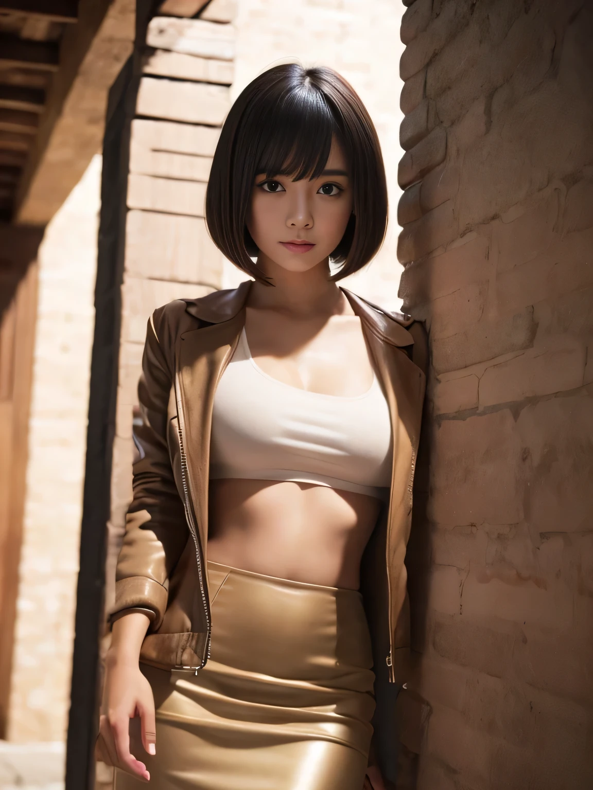 (1girl:1.3), Masterpiece, Best quality, amazing beauty, 4K, absurdres, finely detail, super detailed eye, perfect anatomy, official art, cinematic lighting, BREAK, living, silky bob cut, black hair, super shiny detailed brown eyes, big eyes, tsurime, facing this way, just a little smile, BREAK , big breasts, slim, white skin, Are standing, full body, BREAK , (Jacket:1.2), (Pencil skirt:1.2), BREAK,()