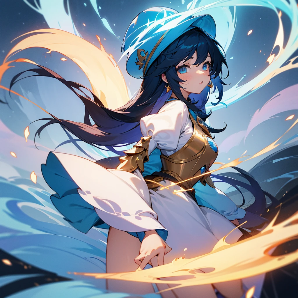 a close up of a person in a dress with a hat and a sword, lianna, lunar themed attire, genshin impact character, character art of maple story, mana art, anima, arcana, blue aura, splash art anime , desna, anime in fantasy style, official character art, toki pona, from bravely default, Large chest and breast, waifu, lewd 