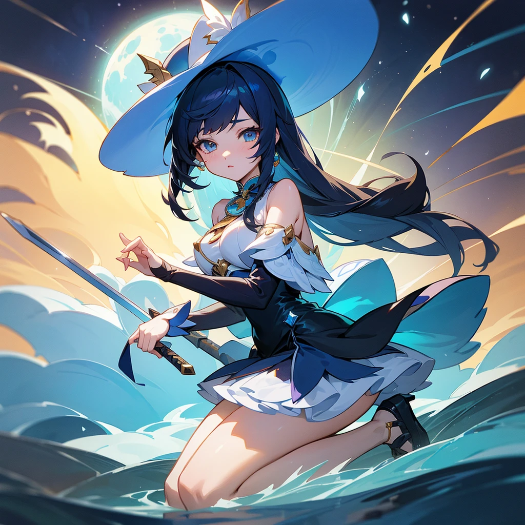 a close up of a person in a dress with a hat and a sword, lianna, lunar themed attire, genshin impact character, character art of maple story, mana art, anima, arcana, blue aura, splash art anime , desna, anime in fantasy style, official character art, toki pona, from bravely default, Large chest and breast, waifu, lewd
