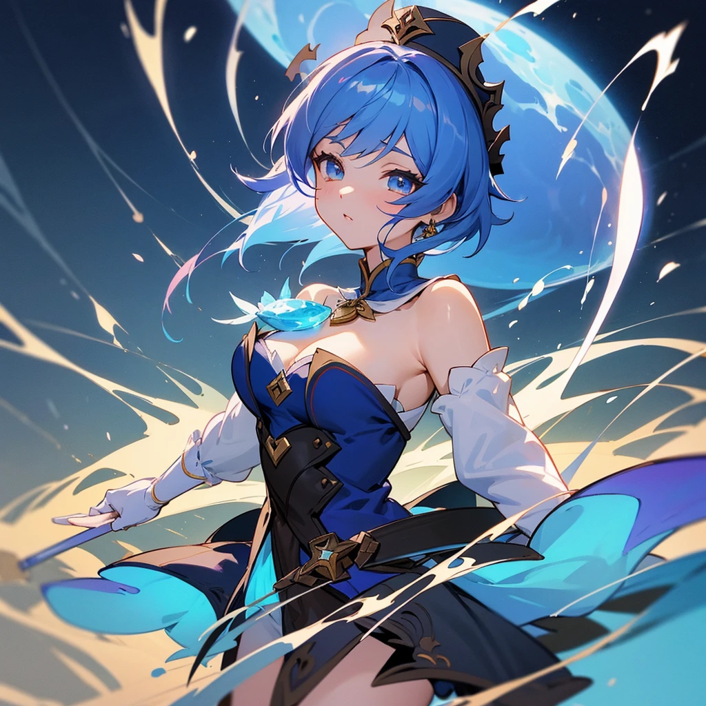 a close up of a person in a dress with a hat and a sword, lianna, lunar themed attire, genshin impact character, character art of maple story, mana art, anima, arcana, blue aura, splash art anime , desna, anime in fantasy style, official character art, toki pona, from bravely default, Large chest and breast, waifu, lewd