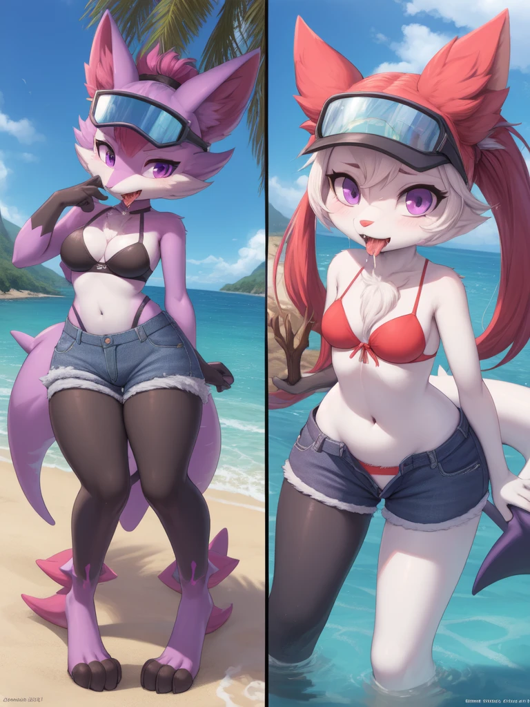 ((best quality, Masterpiece, Complete anatomy, Detailed pictures)), 1 female, arctic protogen, shark girl, Long visor, purple visor, purple eyes, sexy body, Big Pong, Chest 87, Waist 57, Thigh 86, naked, Shark tail, red red, shy, in the sea, Denim short, white bra, shorts, Stick out your tongue and drool.