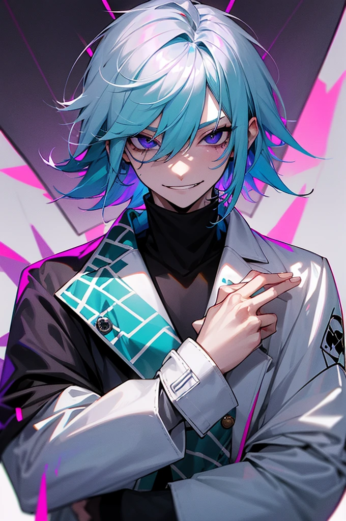 Pale skin, light blue hair, green streaks in hair, pink streaks in hair, purple streaks in hair, black eyes, birthmark on right eye, cute, pretty, umbrella, short hair, messy hair, smirking, smug, pretty, beautiful, white jacket, black turtleneck, male, evil, demonic