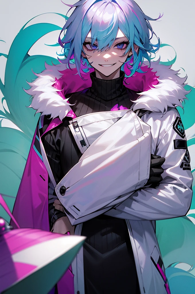 Pale skin, light blue hair, green streaks in hair, pink streaks in hair, purple streaks in hair, black eyes, birthmark on right eye, cute, pretty, umbrella, short hair, messy hair, smirking, smug, pretty, beautiful, white jacket, black turtleneck, male, evil, demonic