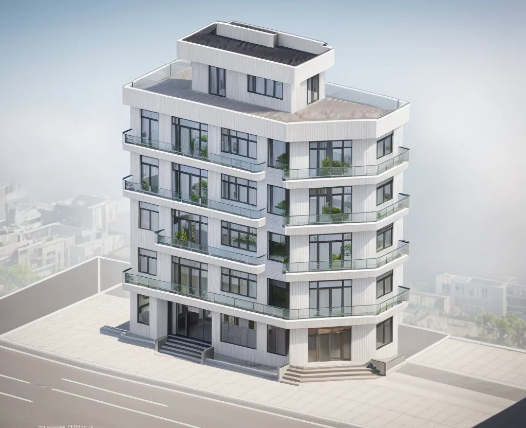 (masterpiece, best quality:1.2), rendering of a modern office building ,hotel, office building ,city landscape, white wall, black glass window