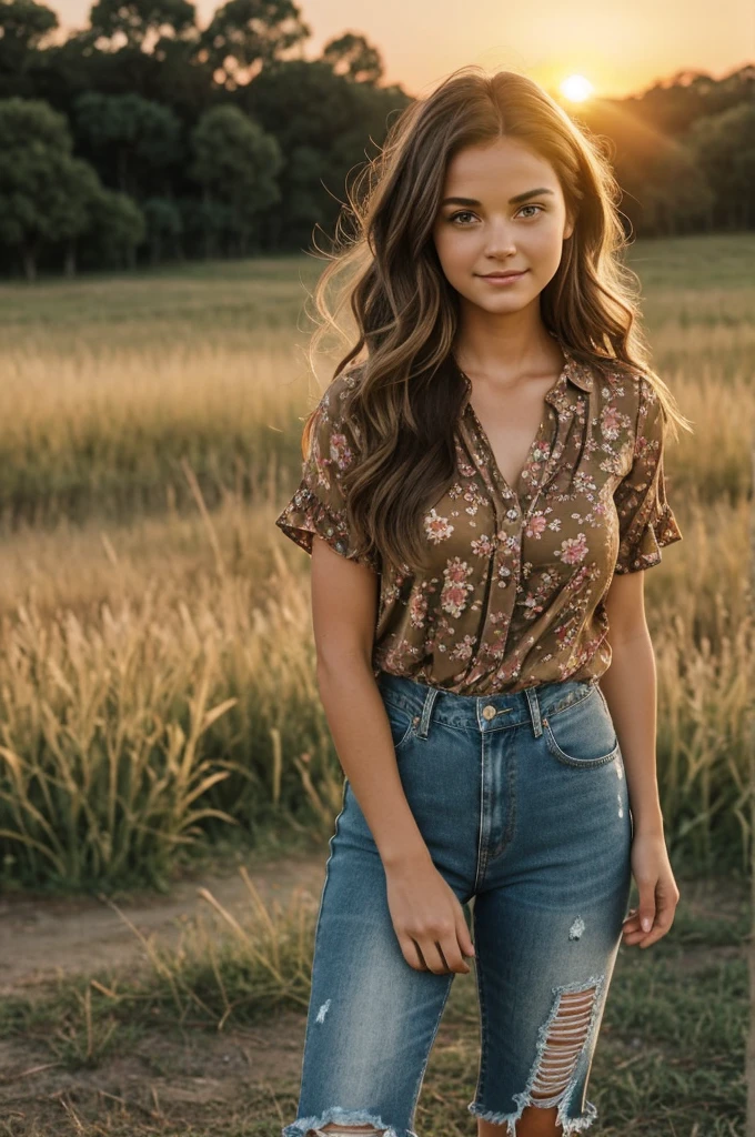 Romance book cover.
Enemys to lovers.
bottom: A rural landscape at sunset, with sprawling green forests stretching to the horizon under the warm golden light of the setting sun.
characters:
Cein Harrington Moon:Center position, athletic figure with dark hair and intense eyes.Wear a dark-colored sports shirt and shorts.
Determined and melancholic expression, looking towards the horizon with a mix of determination and nostalgia.
Olive Miller:On the side of Cein, light brown hair and warm eyes.She wears a light floral-print short-sleeved blouse and distressed jeans..Serene and understanding expression, with a light smile that shows his warmth and empathy.
Additional items:Details like a basket of fresh produce next to Olive and a soccer ball near Cein, symbolizing your interests and the context of your meeting.Soft sunset lighting, creating a cozy and nostalgic atmosphere that surrounds the main characters.
Artistic style: Cartoon/ anime