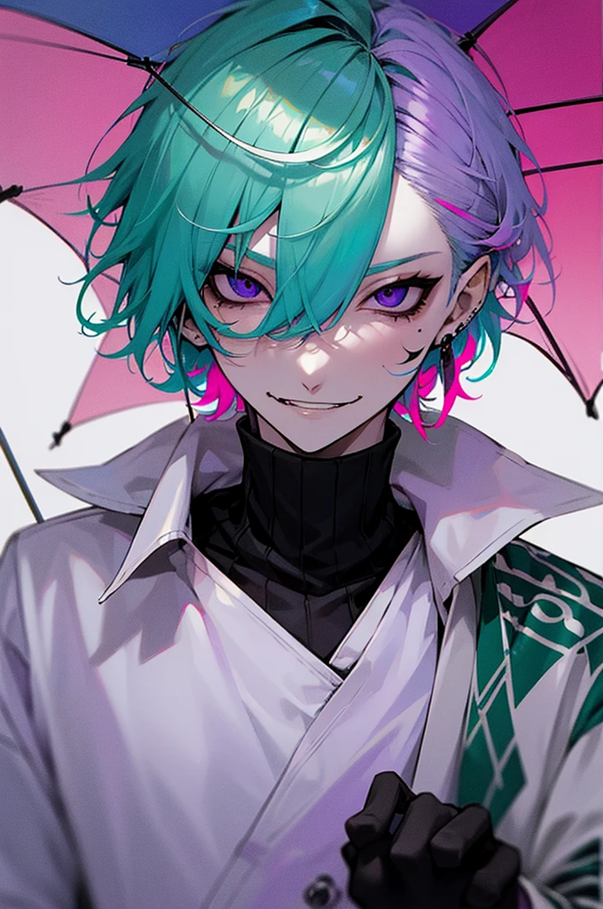 Pale skin, light blue hair, green streaks in hair, pink streaks in hair, purple streaks in hair, black eyes, birthmark on right eye, cute, pretty, umbrella, short hair, messy hair, smirking, smug, pretty, beautiful, white jacket, black turtleneck, male, evil, demonic