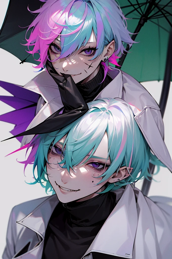 Pale skin, light blue hair, green streaks in hair, pink streaks in hair, purple streaks in hair, black eyes, birthmark on right eye, cute, pretty, umbrella, short hair, messy hair, smirking, smug, pretty, beautiful, white jacket, black turtleneck, male, evil, demonic