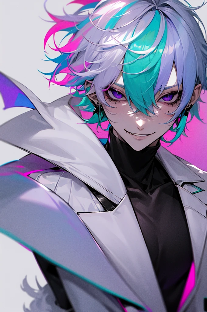 Pale skin, light blue hair, green streaks in hair, pink streaks in hair, purple streaks in hair, black eyes, birthmark on right eye, cute, pretty, umbrella, short hair, messy hair, smirking, smug, pretty, beautiful, white jacket, black turtleneck, male, evil, demonic