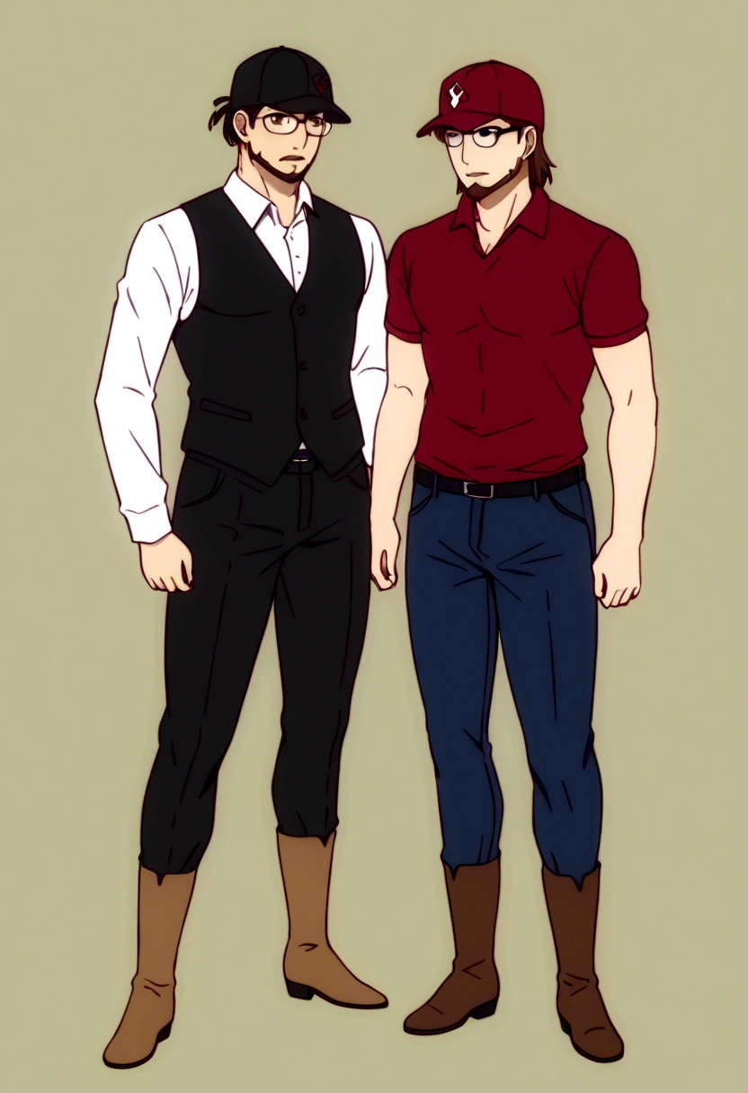 Man wearing a baseball cap、Black-rimmed glasses、Beard、Black Sukajan、Levi's 501、Reddish brown boots