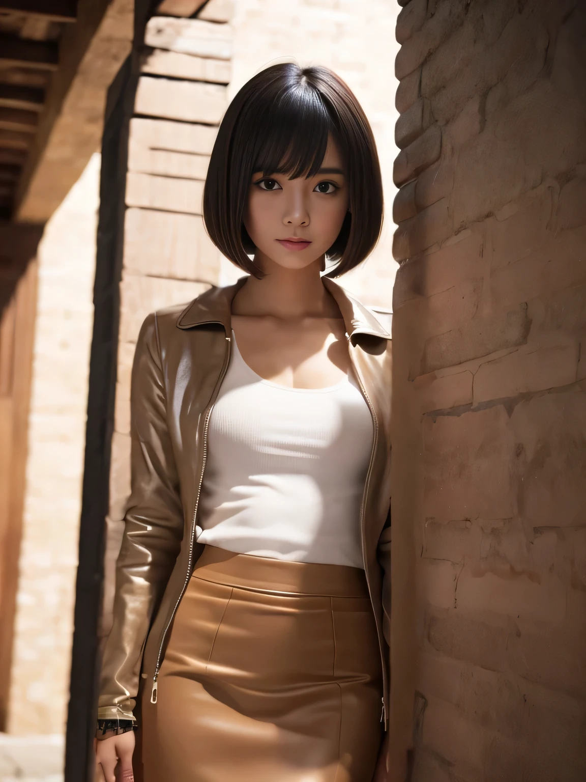 (1girl:1.3), Masterpiece, Best quality, amazing beauty, 4K, absurdres, finely detail, super detailed eye, perfect anatomy, official art, cinematic lighting, BREAK, living, silky bob cut, black hair, super shiny detailed brown eyes, big eyes, tsurime, facing this way, just a little smile, BREAK , big breasts, slim, white skin, Are standing, full body, BREAK , (Jacket:1.2), (Pencil skirt:1.2), BREAK,()