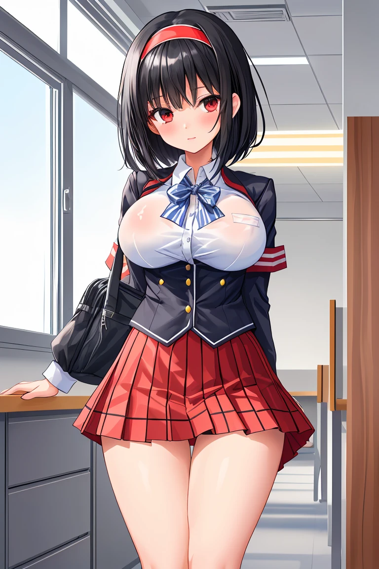 high school girl　uniform　White blouse　Red checked mini skirt　Black Hair　Shortcuts　hair band　Big Breasts