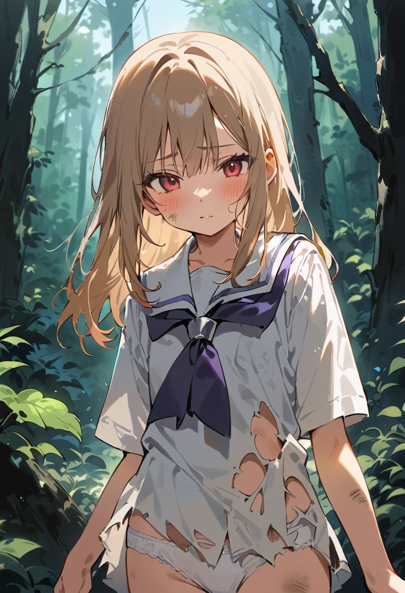 beautiful detailed girl,(masterpiece,best quality,extremely detailed:1.2),((cowboy shot:1.1)),(solo,10 years old,kawaii,slender,small breasts:1.25),(pained look:0.8),((white underwear) in ((Torn school uniform)):2),(dirty:2),blush,shy,weep,standing,(deep forest:1.5),(hug:0.4),rating: general, newest,Sexy face,(primitive:1.1)