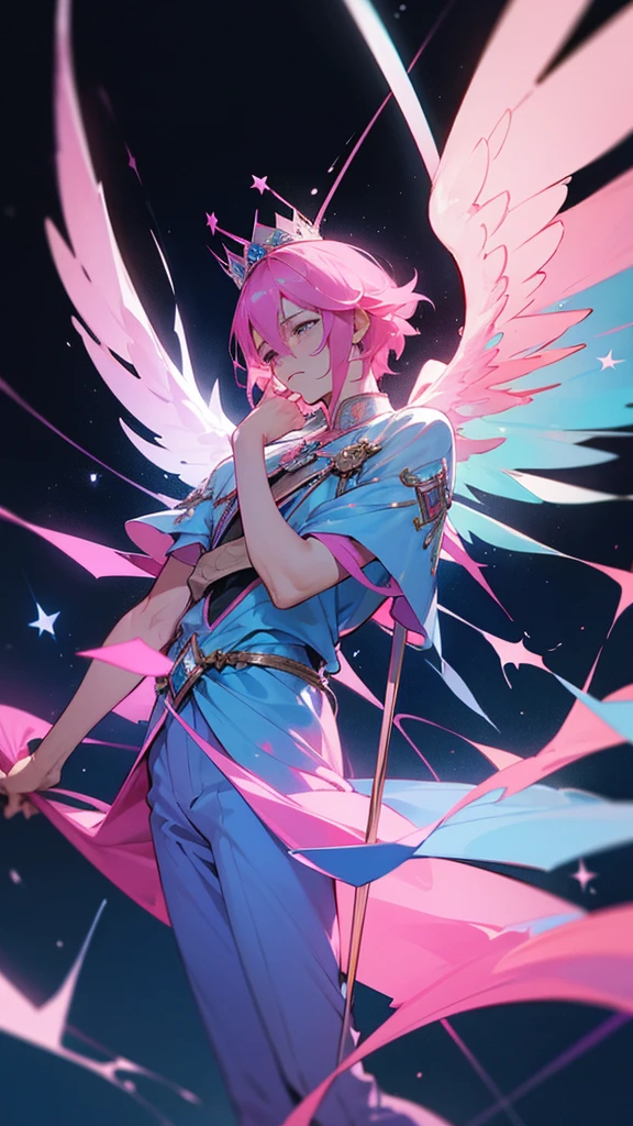 A man with pink hair and blue stars. His face was hopeless and crying. He was tall and thin, wearing a blue and pink divine outfit, blue and pink trousers, and a crown. There are white and black god wings. in mobile phone globe 