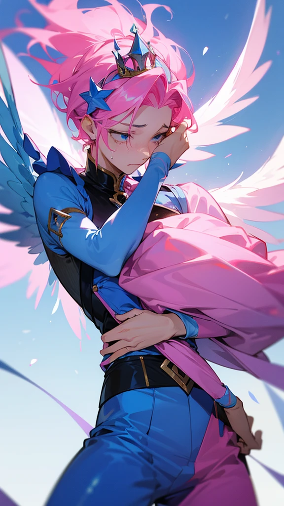 A man with pink hair and blue stars. His face was hopeless and crying. He was tall and thin, wearing a blue and pink divine outfit, blue and pink trousers, and a crown. There are white and black god wings. in mobile phone globe