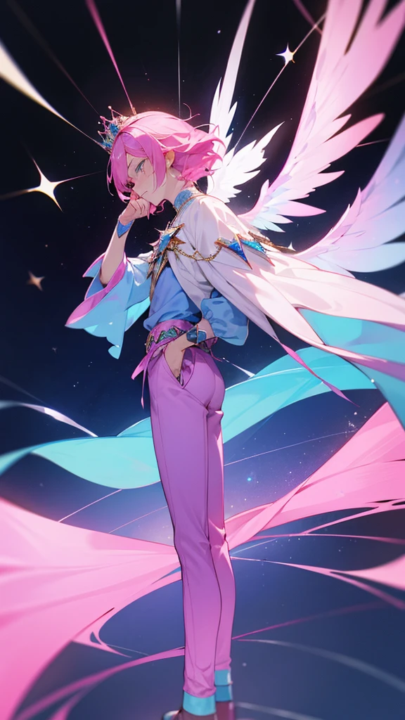 A man with pink hair and blue stars. His face was hopeless and crying. He was tall and thin, wearing a blue and pink divine outfit, blue and pink trousers, and a crown. There are white and black god wings. in mobile phone globe