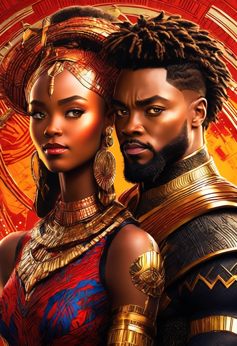 A vivid detailed masterpiece depicting different very beautiful handsome male and female couples of and from Wakanda in striking clear crisp sharper richer brilliant bright vivid details