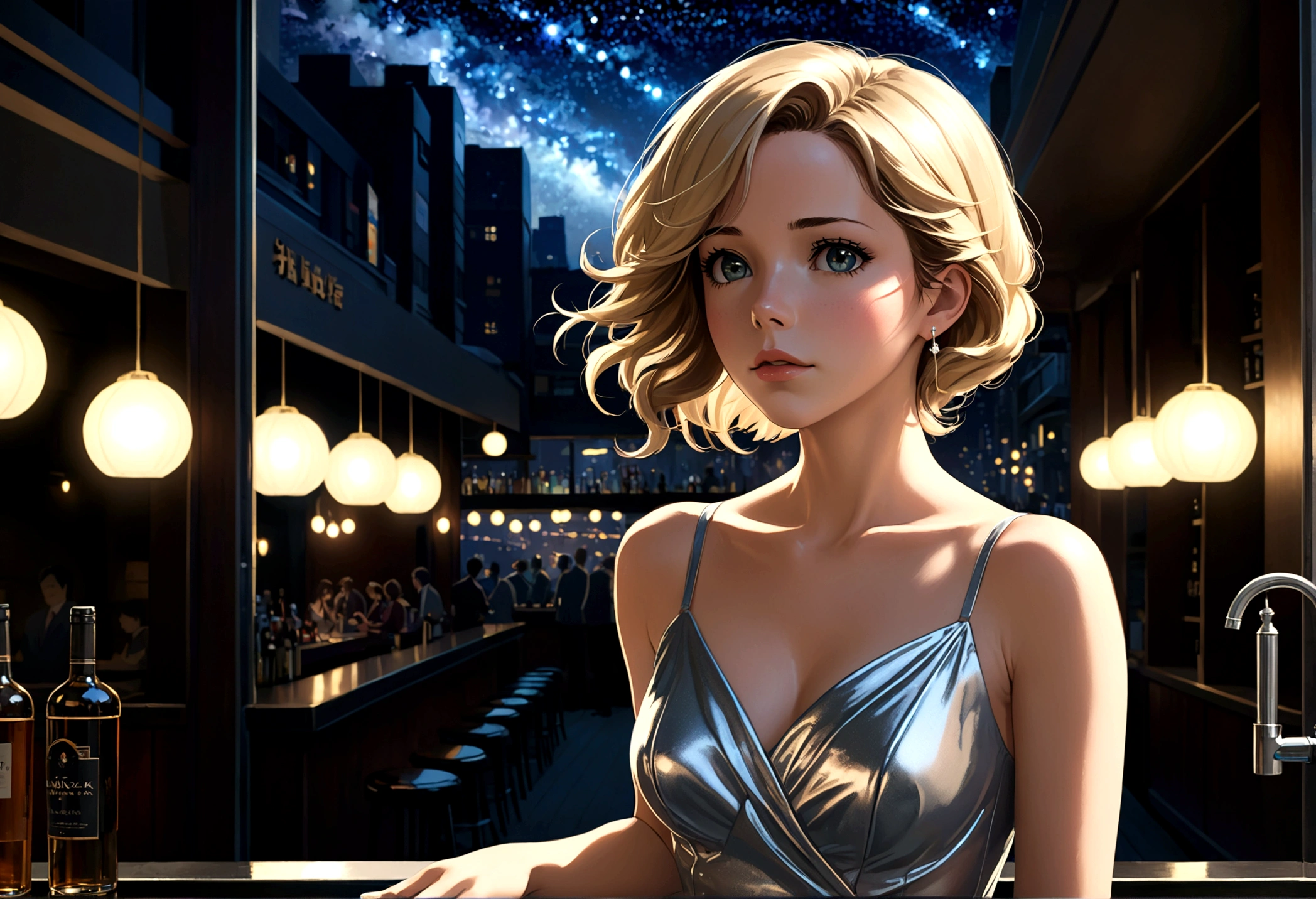 Uses Makoto Shinkai&#39;The depiction is perfect,Portrait of Cher Lloyd,8k 4k masterpiece photo ,new york,Glass ceiling jazz bar,I can see the twinkling stars through the glass window.,that&#39;Outside in the dark night,Jazz is playing,profile,Beautiful profile,Semi-long hair,Blonde,Look in a different direction,Standing alone at the counter,Wearing a one-piece dress,Large bust