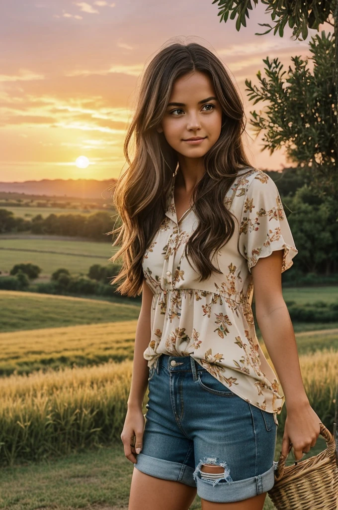 Romance book cover.
Enemys to lovers.
bottom: A rural landscape at sunset, with sprawling green forests stretching to the horizon under the warm golden light of the setting sun.
2 CHARACTERS ON THE COVER CEIN HARRINGTON MOON:Center position, athletic figure with dark hair and intense eyes.Wear a dark-colored sports shirt and shorts.
Determined and melancholic expression, looking towards the horizon with a mix of determination and nostalgia.
Olive Miller:On the side of Cein, light brown hair and warm eyes.She wears a light floral-print short-sleeved blouse and distressed jeans..Serene and understanding expression, with a light smile that shows his warmth and empathy.
Additional items:Details like a basket of fresh produce next to Olive and a soccer ball near Cein, symbolizing your interests and the context of your meeting.Soft sunset lighting, creating a cozy and nostalgic atmosphere that surrounds the main characters.
Artistic style: Cartoon/ anime