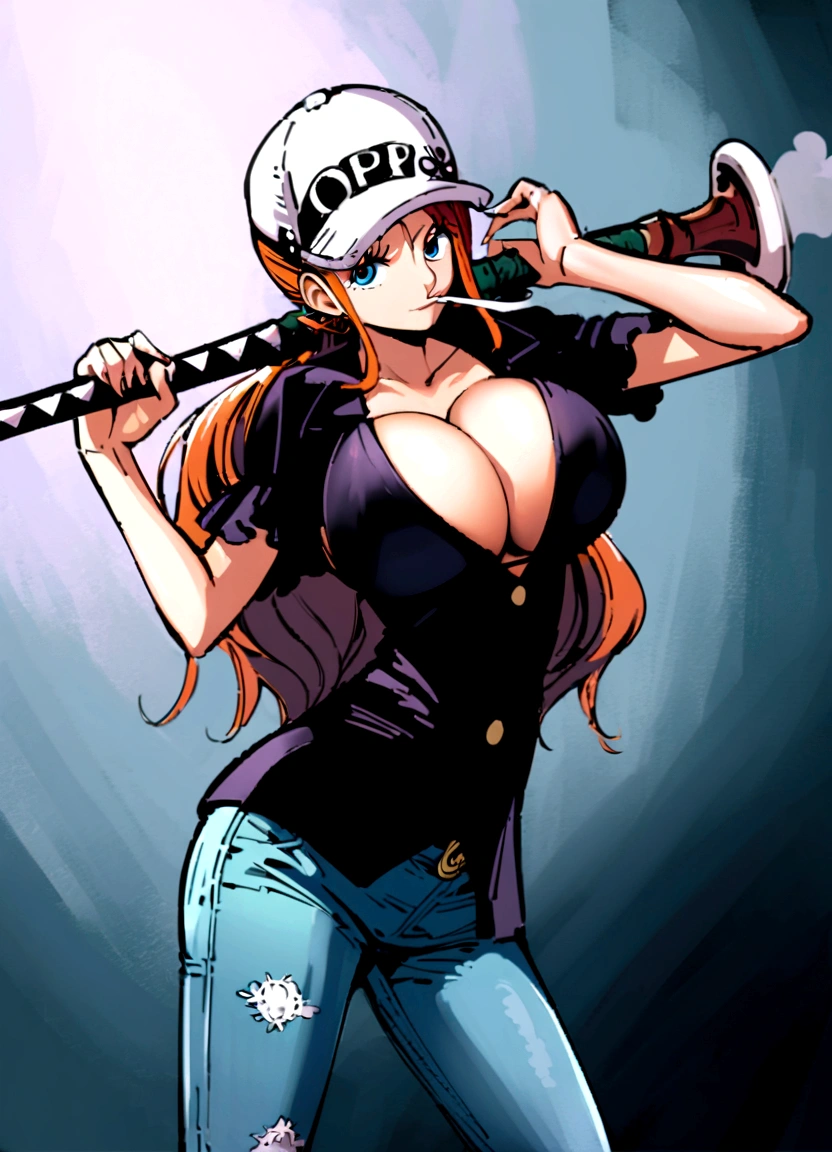 a cartoon picture of a woman in a bikini top and jeans, nami one piece, nami from one piece, nami, beautiful portrait of nami, from one piece, oppai, blue eyes, smoking, ponytail