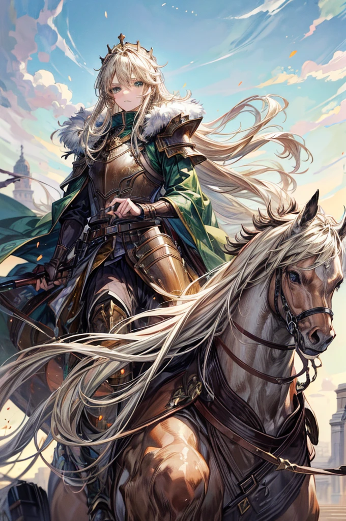 (masterpiece, best quality, perfect face, expressive eyes), 1boy, (anime), (male), (adult), sage green eyes, light blonde long hair, crown, riding a steed, brown fur cloak, hussar armor,  