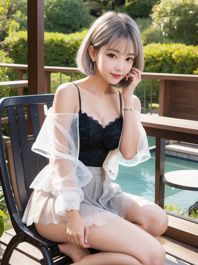 (8K, Realistic, RAW Photos, Highest quality: 1.4, detailed),Japanese idol-style beautiful girl,1 person,18-year-old,(Short Bob),(Silver Hair :1.1),She has her hair tucked behind her ears,Large, clear grey eyes,Long eyelashes,(piercings(small)),(Lip gloss),lips(Plump,glossy),(Lace tube top),(A short, see-through jacket),(Sheer layered flared skirt),Long legs,Barefoot and high heels,Cafe terrace with a view of the Japanese garden,(Sit on a chair(Spread your legs wide :1.5,Lean forward on the chair with your hands between your legs.)),Smiling at the camera,Front view,Full body portrait